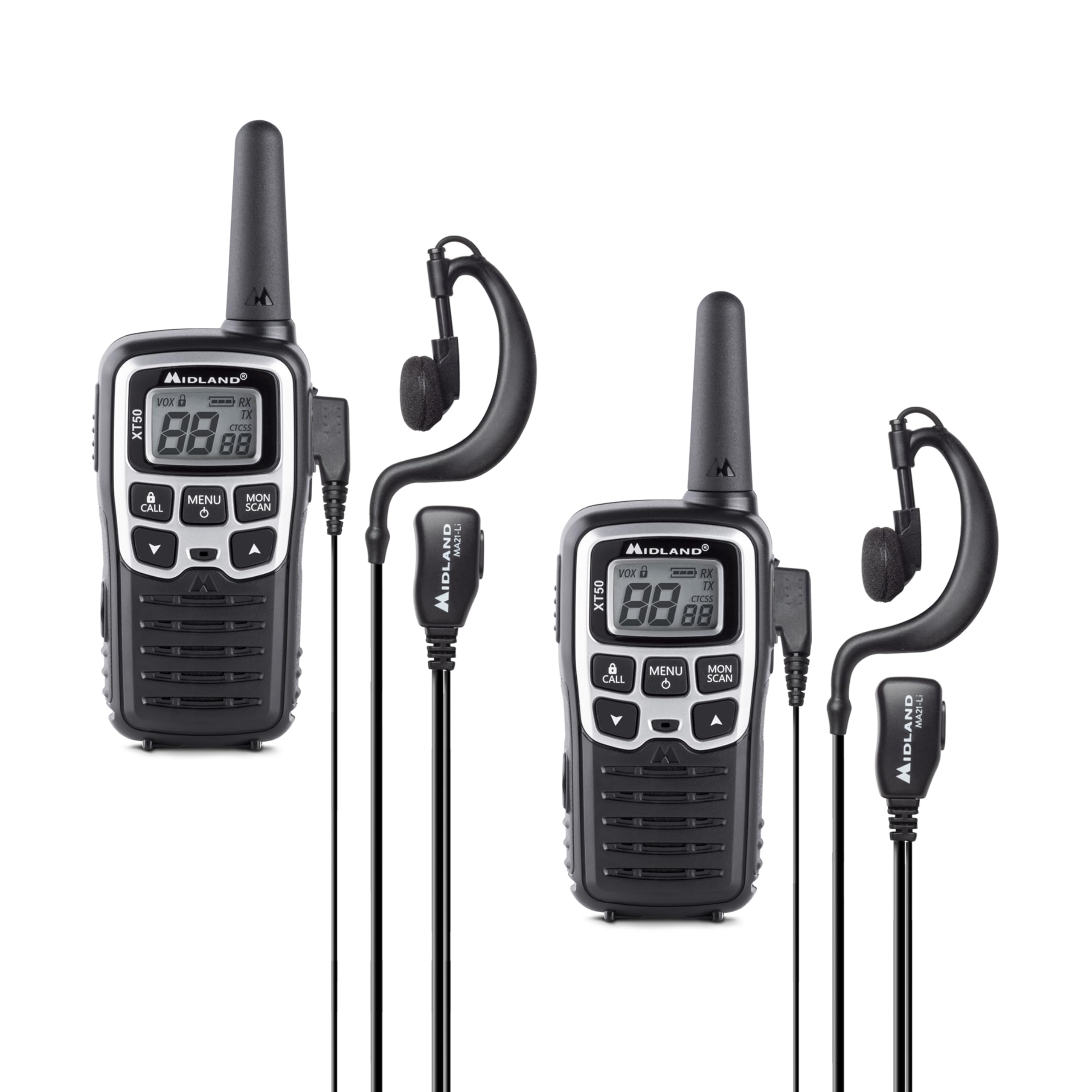 Midland XT50, Talkie-​Walkie Professionnel Radio Double Bande à Charge Rapide, 24 Canaux PMR446, Rayon de 8 km, 38 Tonalités CTCSS, Rechargeable par USB, Noir/​Blanc, Pack de 2 Unités