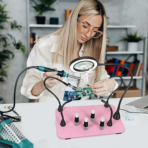Miniatura 7 de Manos magnéticas que ayudan a soldar tercera mano, soporte para placa de circuito PCB con lámpara de aumento LED 5X y 10X, placa base extra grande y