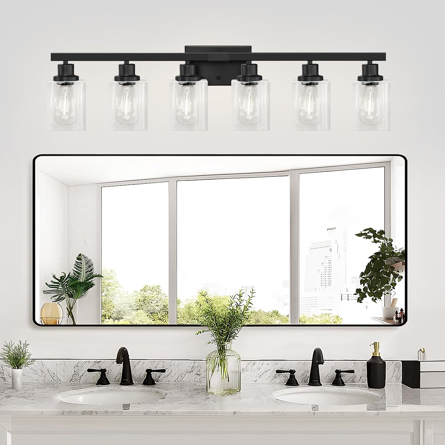 6-Light Black Vanity Lights for Bathroom, 38'' Modern Bathroom Vanity Lighting Fixtures for Mirror, Matte Black Bathroom Light Fixtures, Black Wall Sconces for Bedroom Living Room Hallway