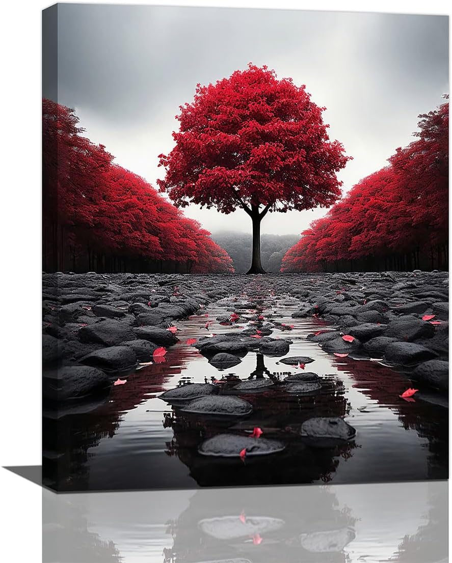 Black and White Red Tree Wall Art Modern Landscape Nature