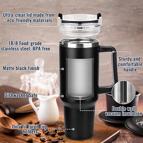 Miniatura 2 de Vaso de 40 onzas con asa y tapa de pajilla, vaso aislado de acero inoxidable, taza de viaje para bebidas frías y calientes, con asa de viaje (azul
