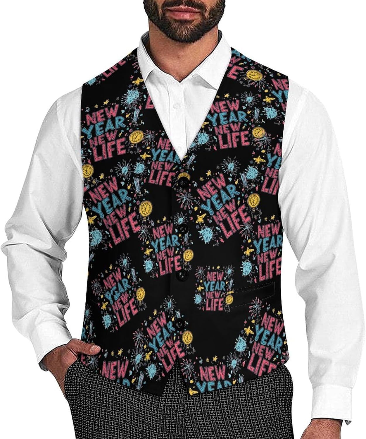 Happy New Year New Life Suit Vest for Men Casual Business Tuxedo Slim Fit Suit Vests Lightweight Waistcoat