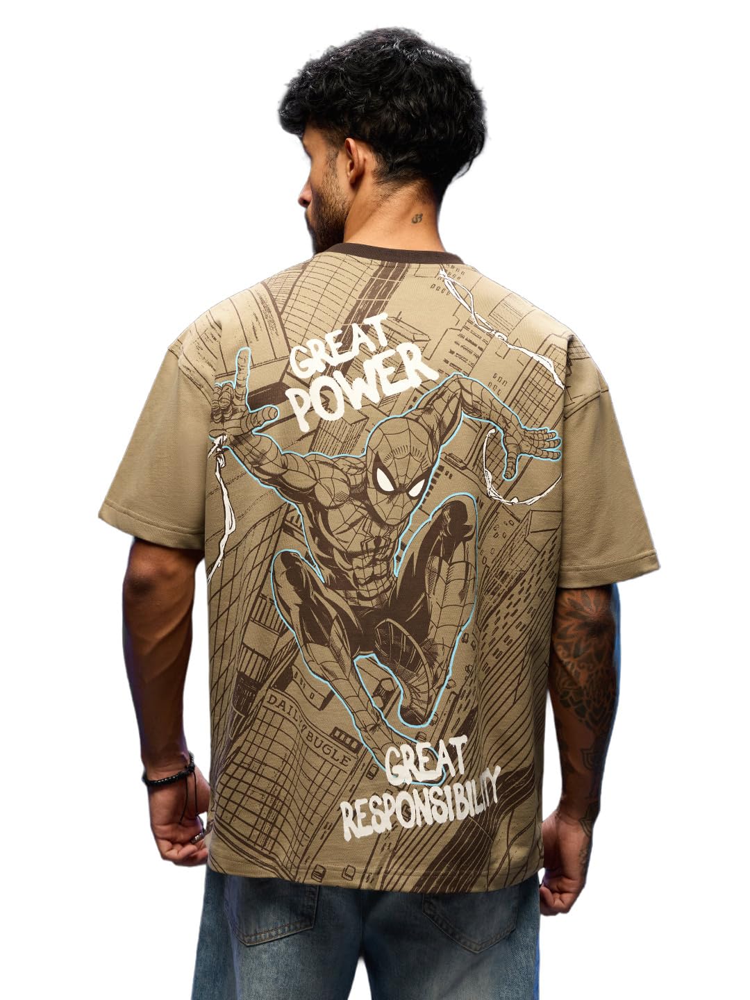 Buy The Souled Store Spider-Man: Apex Web Men and Boys Short Sleeves Round Neck Tan Graphic Printed Cotton Oversized Drop Shoulder Breathable Comfortable Streetwear T-Shirts at Amazon.in - Image 1