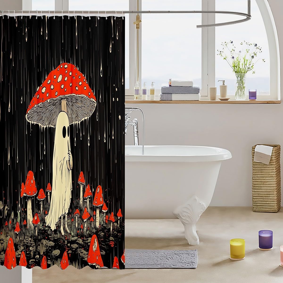 Erosebridal Halloween Ghost Bathroom Accessories Boho Mushroom Ghost Shower Curtain Horror Halloween Theme Bathroom Curtain for Adults 72" Wx72 L Red Plants Mushroom Shower Decor