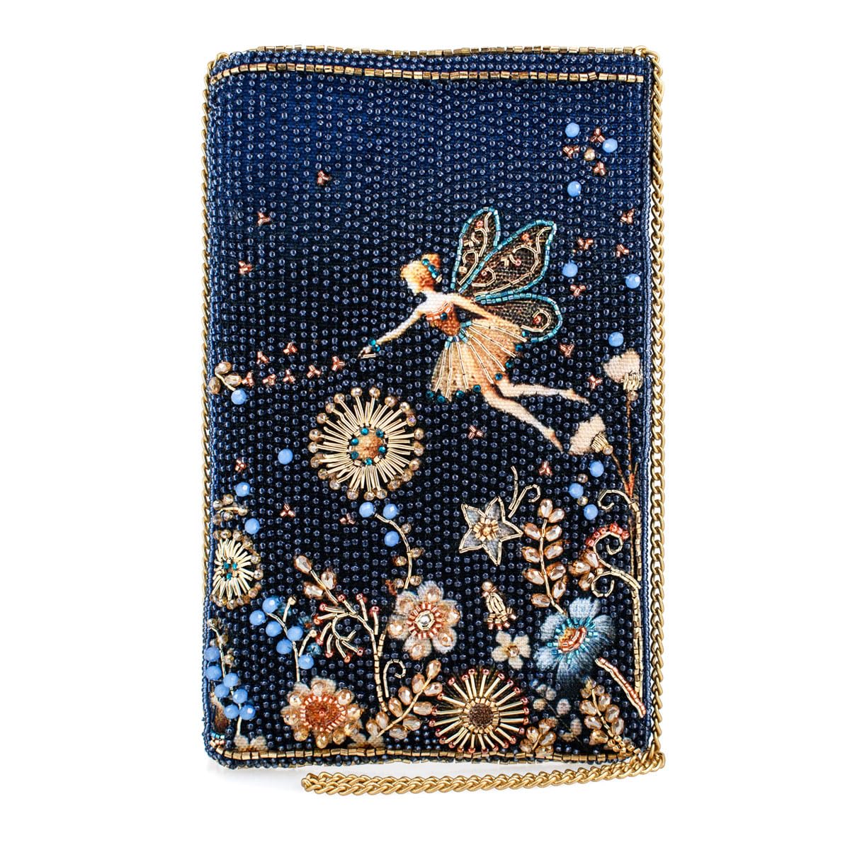 Mary Frances Fairy Dust Beaded Crossbody Phone Bag – Sleek Evening Clutch with Zipper Closure for Travel, Weddings, Parties – Blue/Gold
