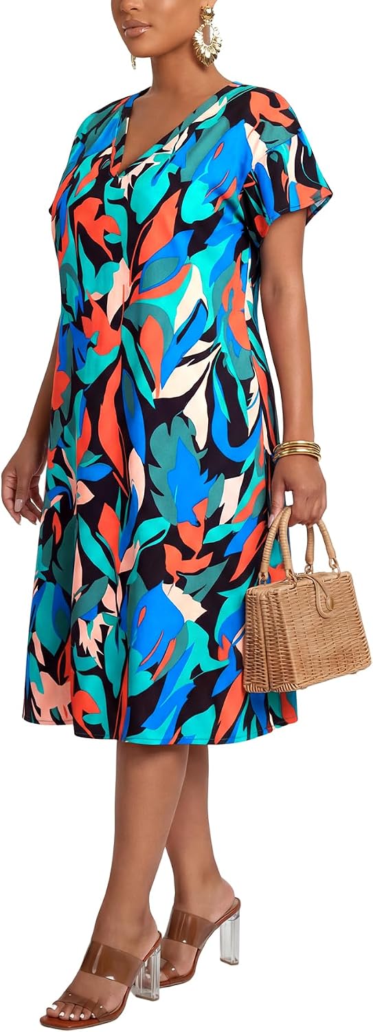 Rooscier Women's Floral A Line Summer Dress V Neck Short Sleeve Flowy Casual Long Sundress