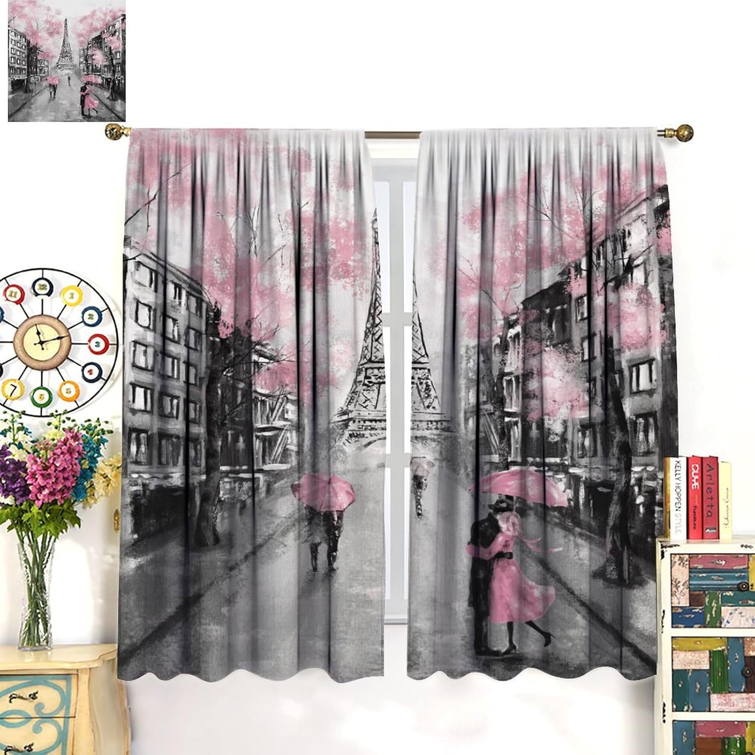 Eiffel Tower Blackout Curtain,Oil Painting Style Pink Paris Tower Couple Pattern Window Treatments 2 Panels Drapes for Bedroom Living Room Kitchen Decor 55x63in