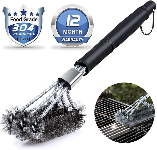 Aotono 18' Triangle Metal BBQ Grill Cleaning Brush,Heavy Duty 3-Branch Stainless Steel Barbecue Bristles Cleaner for Easier Clean Burners and Cooking Grates Racks
