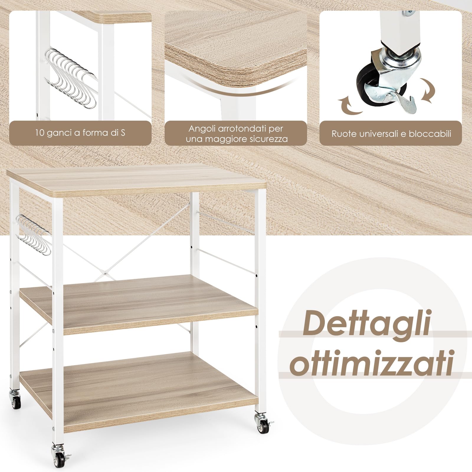 COSTWAY Carrello da Cucina con 10 Ganci Rimovibili, Scaffale per Pasticceria con 3 Livelli, Scaffale con Struttura di Metallo con Ruote Bloccabili per Bar Ristorante Hotel, 60 x 40 x 73,5 cm (Beige)
