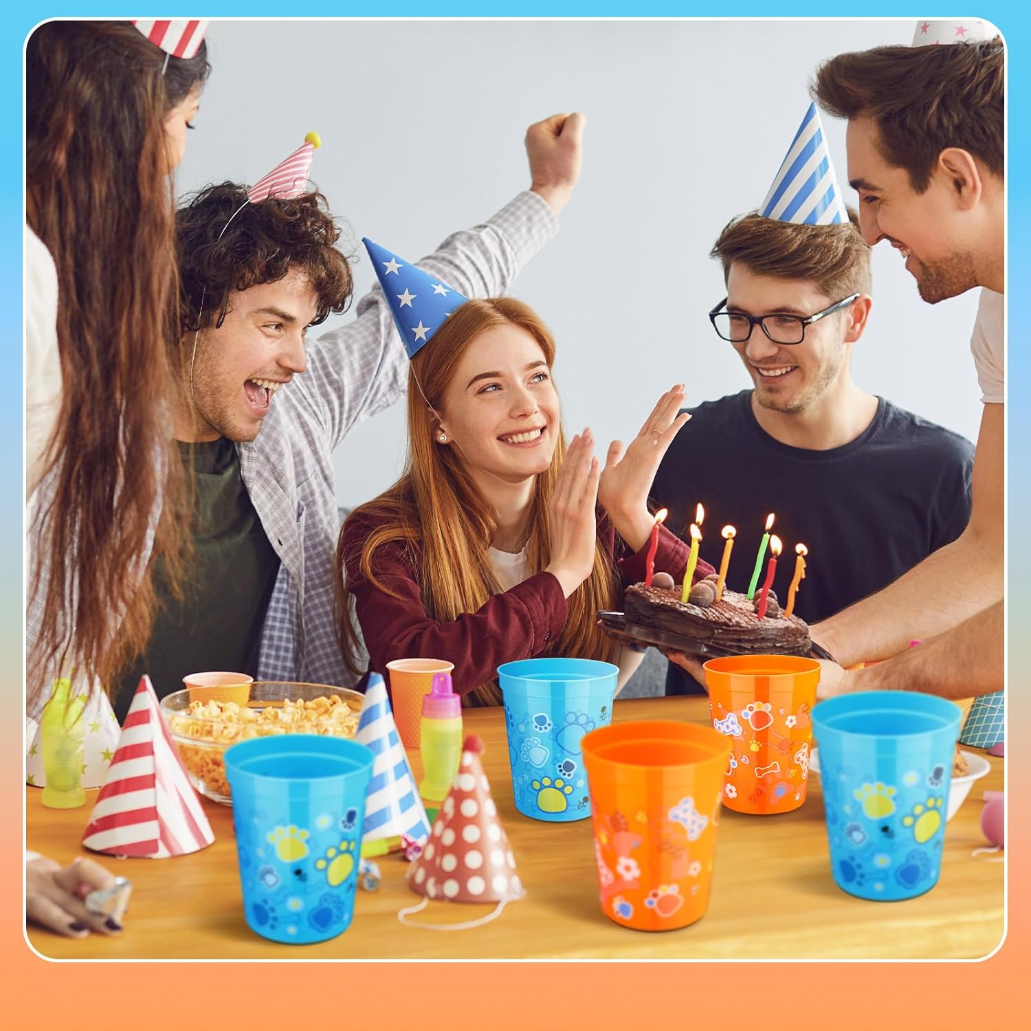 Qinyoung 24 Pcs Blue Dog Birthday Party Supplies 16 oz Plastic Cups Reusable Dog Paw Themed Cups for Birthday Decorations Easter Party Favors for Smoothie, Juice(Blue Orange) - Image 4