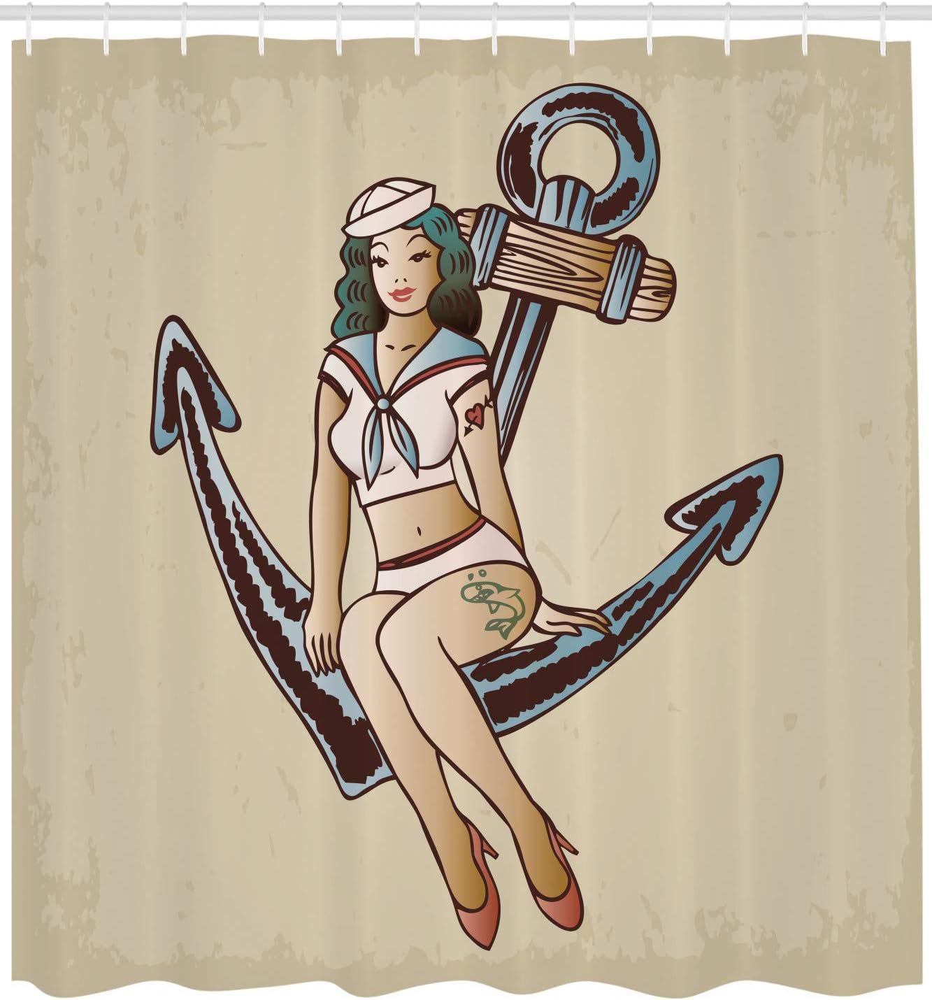 Ambesonne Anchor Shower Curtain, Pinup Girl Sailor Outfit Shark and Heart Tattoo Vintage Twenties Illustration, Cloth Fabric Bathroom Decor Set with Hooks, 69" W x 70" L, Dark Eggshell Multicolor