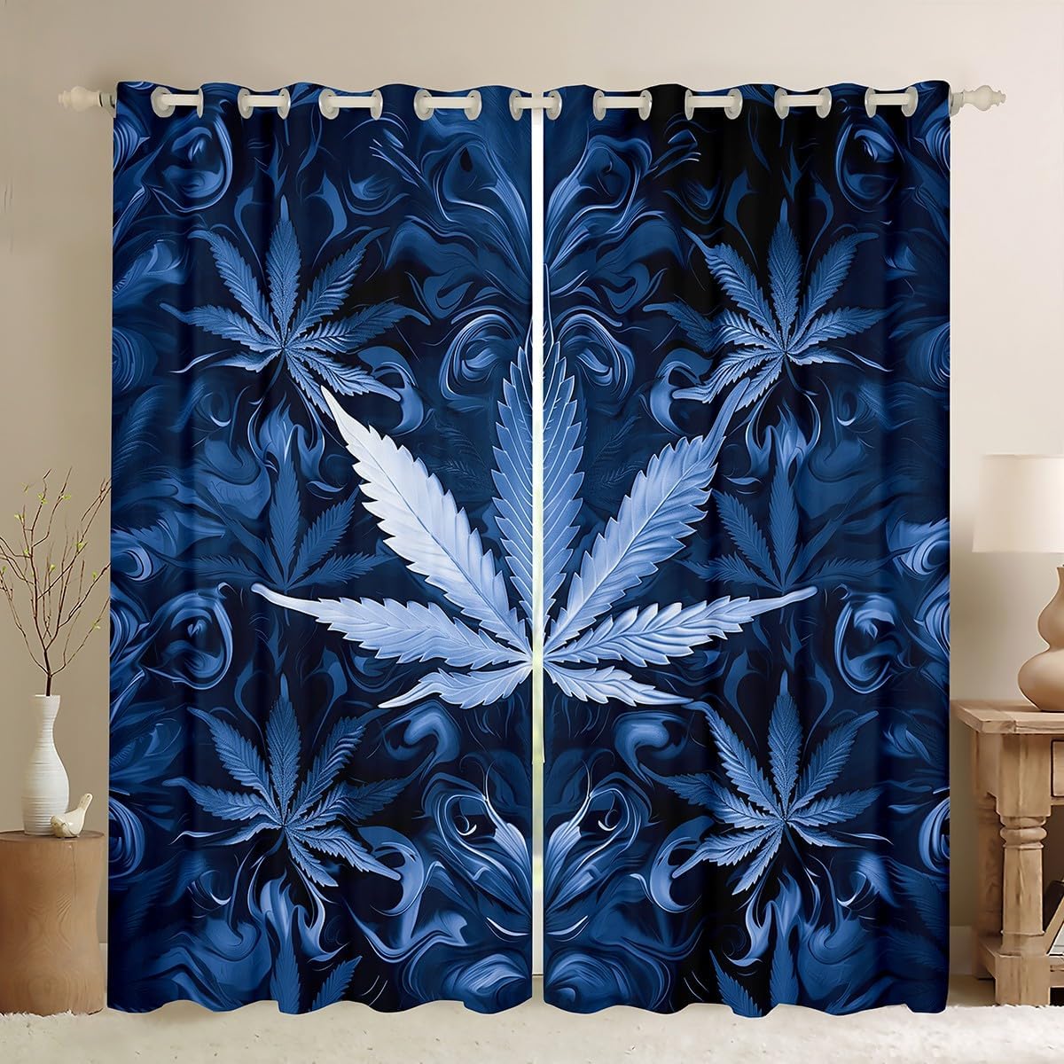 Erosebridal Blue Leaf Blackout Curtains for Living Room - Exotic Damask Window Curtains 2 Panel Sets 42" Wx84 L,Victorian Decor Gothic Vintage Floral Tropical Plant Leaves Window Treatments Drapes