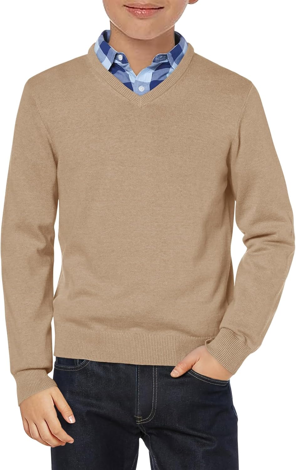 Haloumoning Boys School Uniform Sweater Kids Long Sleeve V Neck Pullover Fall Winter Clothes 5-14 Years