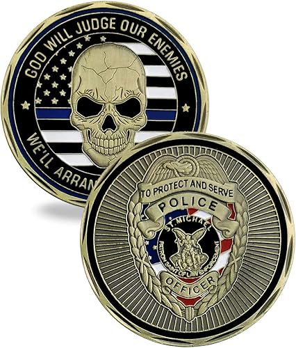 Moneda de desafío de cráneo de la aplicación de la ley de San Miguel delgada línea azul oficial de policía moneda de oración
