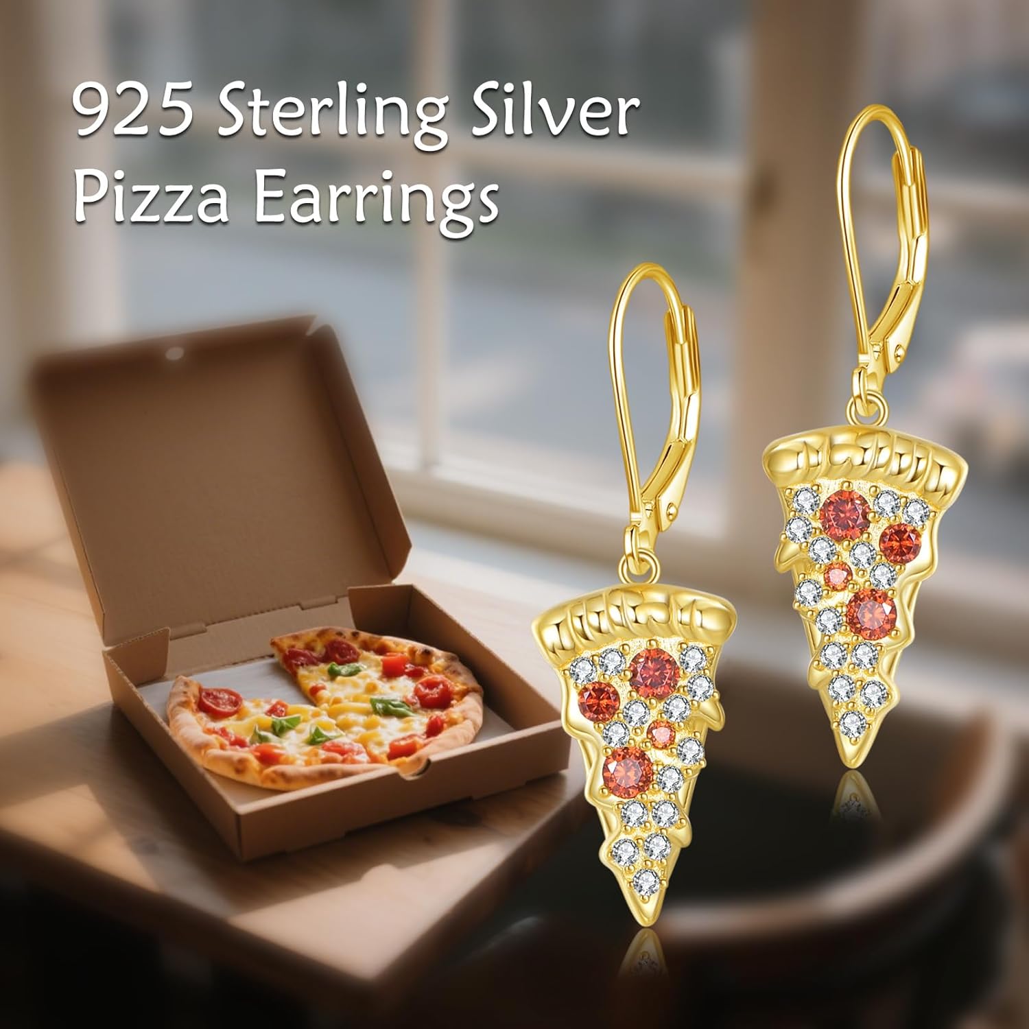 URONE Pizza Earrings 925 Sterling Silver Pizza Dangle Drop Earrings Funny Food Jewelry Gifts for Women - Image 6