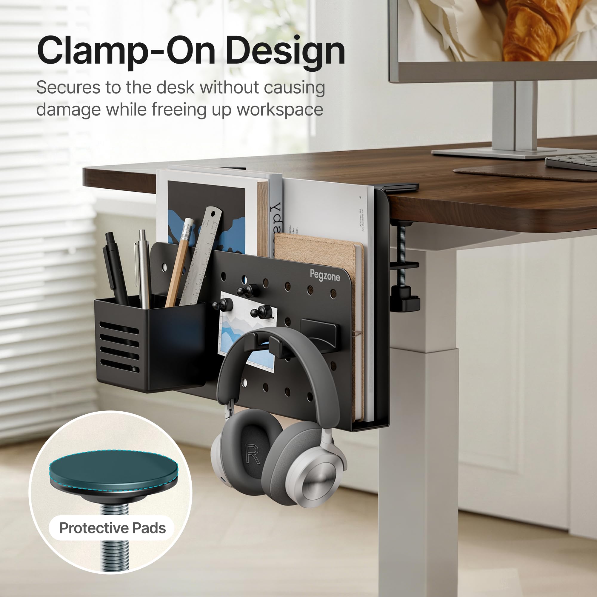 Supporto da scrivania laterale, supporto per computer portatile, organizer da scrivania con design a pannello forato, capacità di carico 10 kg, nero