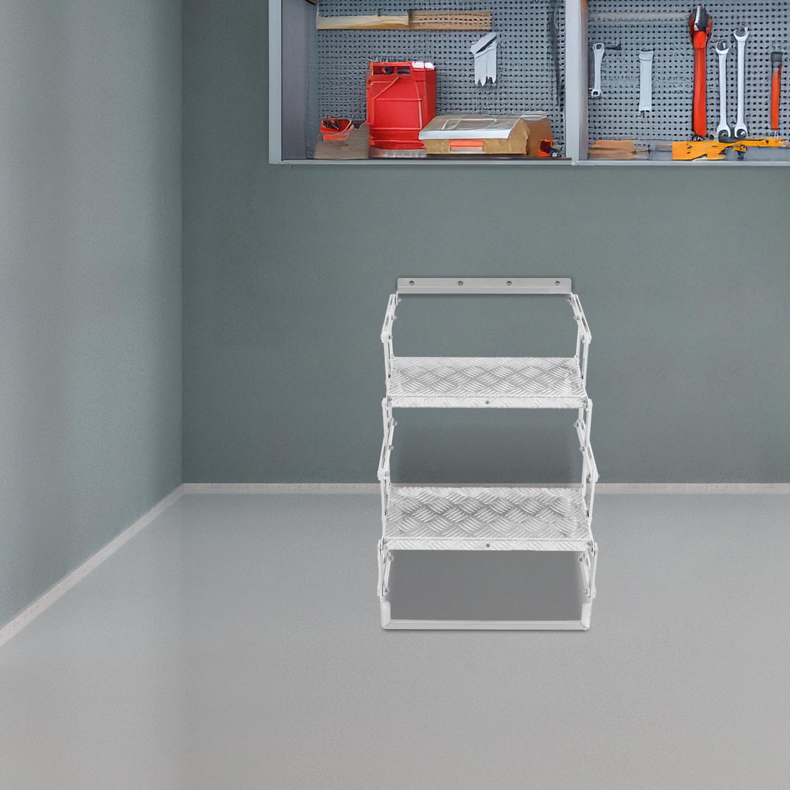 Scala pieghevole in alluminio fino a 110 kg, scala a gradini in lega di alluminio e acciaio al carbonio, pedane antiscivolo con fori di montaggio, per camper, roulotte, rimorchio (2 gradini)