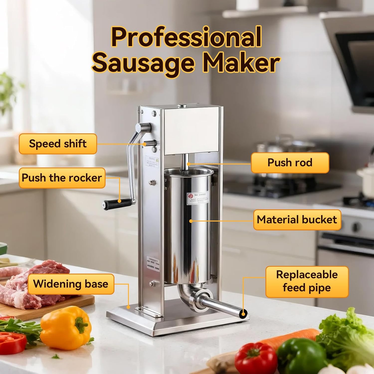 Malphi 15 Lb/7 L Sausage Stuffer 2 Speed Stainless Steel Vertical Sausage Maker with 4 Filling Tubes