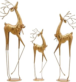 FAIRYPAGODA 3PCS Gold Retro Deer Floor Statue - Iron Fortune Deer Sculpture Decor, Christmas Decoration Indoor Reindeer Statue for Home, Office, Cafe
