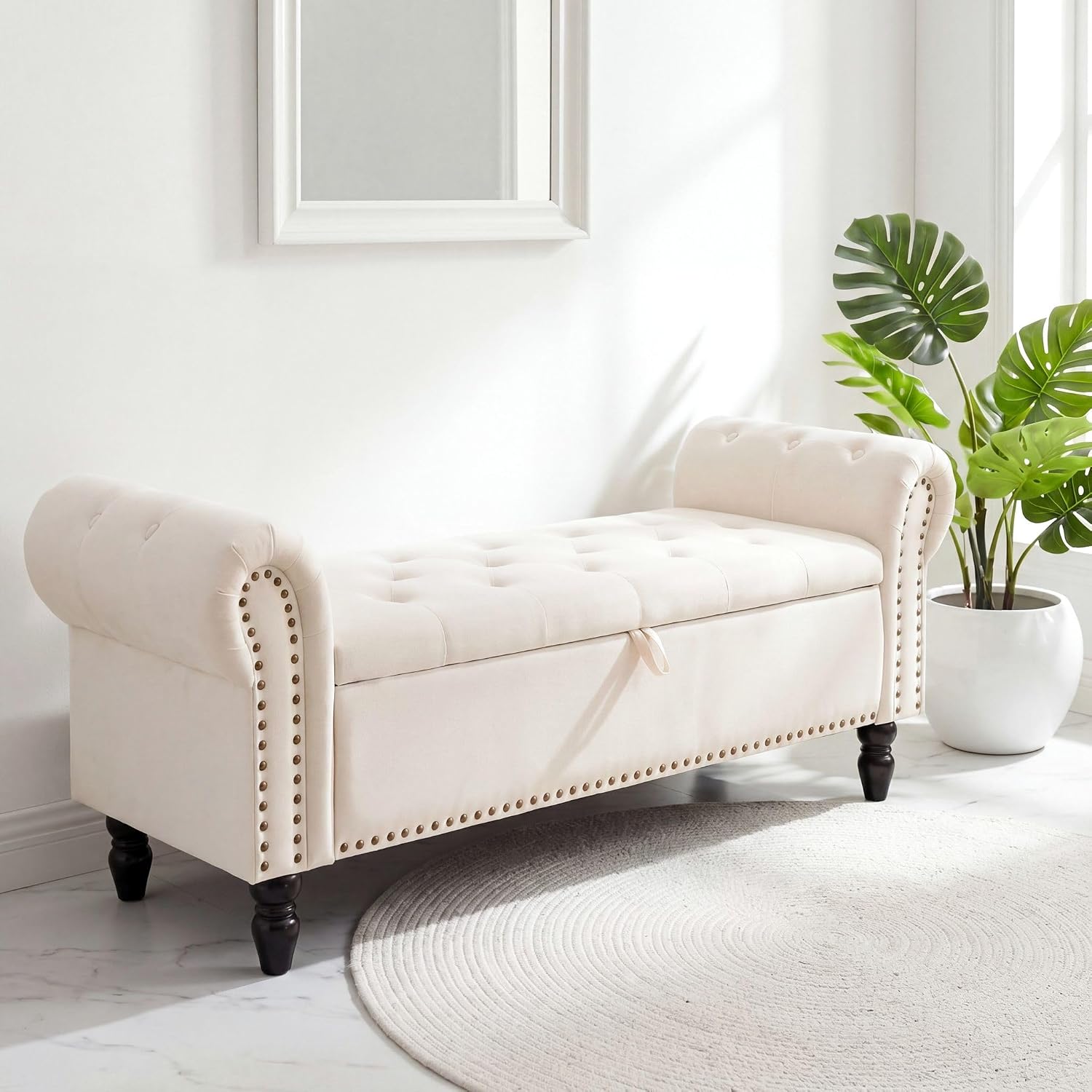 Clevich 70L Bench with Storage Space Bed Bench Large Quilted Storage Bench with Buttons Velvet Window Sill with Shoe Cabinet Suitable for Bedroom Entrance Area or Wardrobe Beige