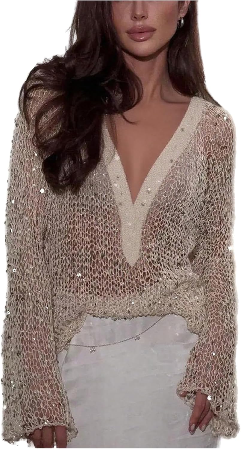 SweatyRocks Women's Sequin Sheer Crochet Sweaters V Neck Hollow Out Bell Sleeve Pullover Cover Ups Top