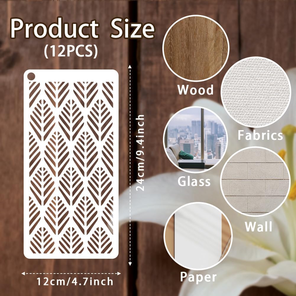 12 Sheets Boho Aesthetics Stencil for Painting, Rainbow Flower Square Modern Texture Drawing Stencil Geometric Reusable Art Stencils Template for Painting on Wall Wood Home Decor image 2