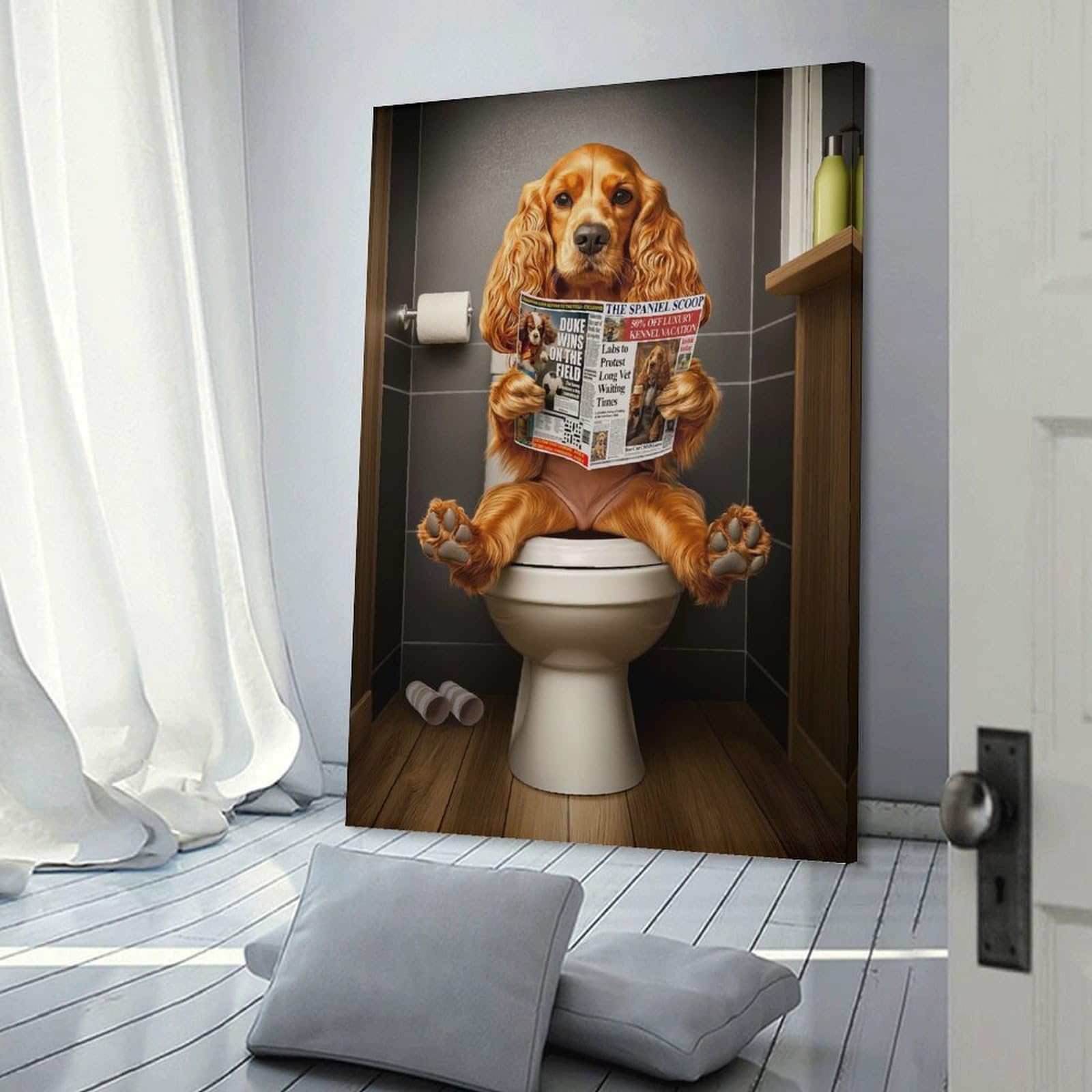 Junmoney Frame-Style-10 Cocker Spaniel On Toilet Decorative Canvas Print, 20X30inch(50X75cm), For Contemporary Homes, Apartments Or Offices, Home Artwork For Modern Interiors