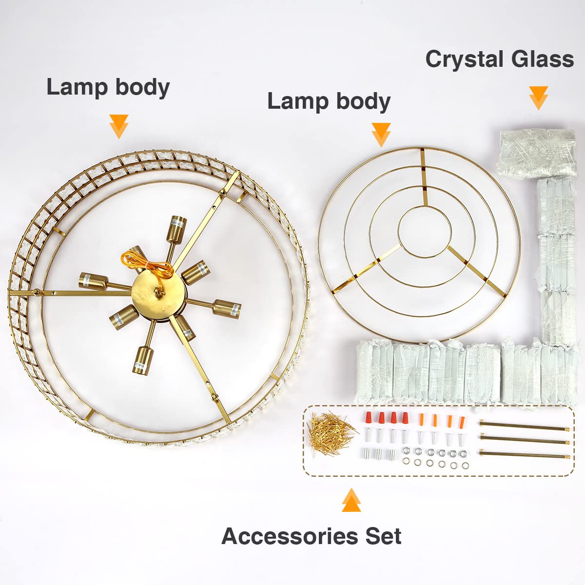 Lámpara de Araña Moderna de Cristal con Acabado Dorado, Lámpara Colgante Redonda de Cristal, Para Salón, Comedor, Restaurante, E14 x 15, Ø75cm