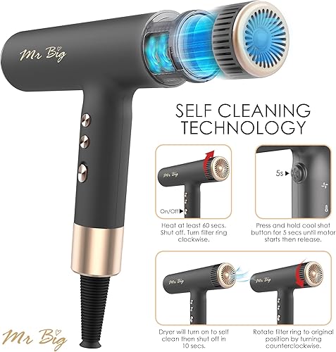Miniatura 6 de Mr Big Secador de pelo de estilo italiano profesional iónico antiencrespamiento con sensor de temperatura inteligente, ligero de 12 onzas, motor sin