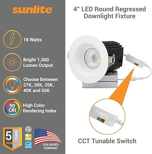 Miniatura 3 de Sunlite 41901 - Lámpara LED redonda retrocedida de 4 pulgadas, 18 vatios, 1360 lúmenes, sin lata, color seleccionable 27K30K35K40K50K, 90 CRI,
