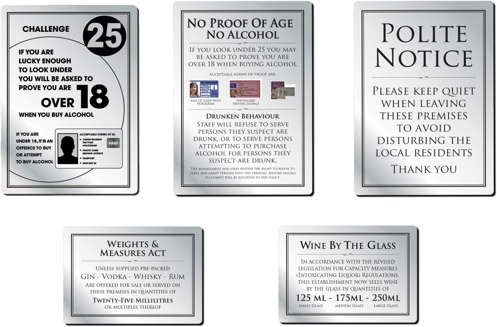 Essential Bar Licensing Sign Pack EMBLPK Pack 5 Pcs 25ml Pub Restaurant Catering Silver