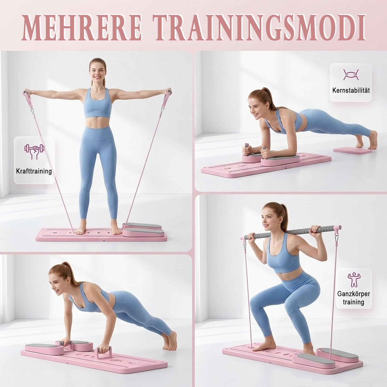 Pilates Board Faltbarer, Pilates Reformer Maschine & Hometrainer, Fitnessgeräte für Zuhause, Multifunktionales Pilates Set mit verschiedenem Zubehör
