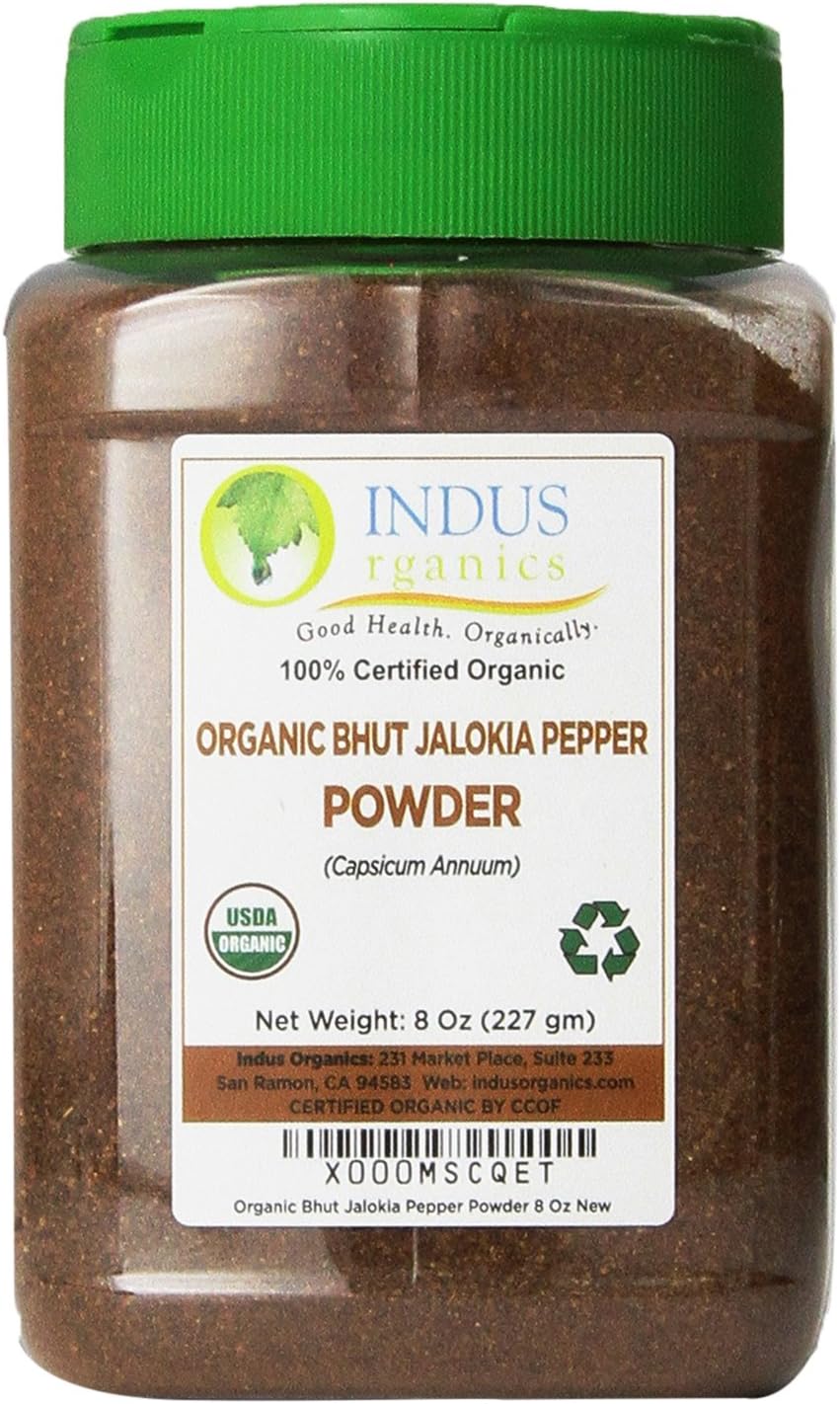 Indus Organics Authentic Indian Bhut Jolokia Chili Pepper (Ghost Pepper) Powder, 8 Oz Jar, Steam Sterilized, High Purity, Freshly Packed