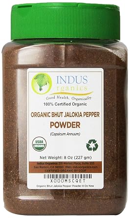 Indus Organics Authentic Indian Bhut Jolokia Chili Pepper Ghost Pepper Powder, 8 Oz Jar, Steam Sterilized, High Purity, Freshly Packed