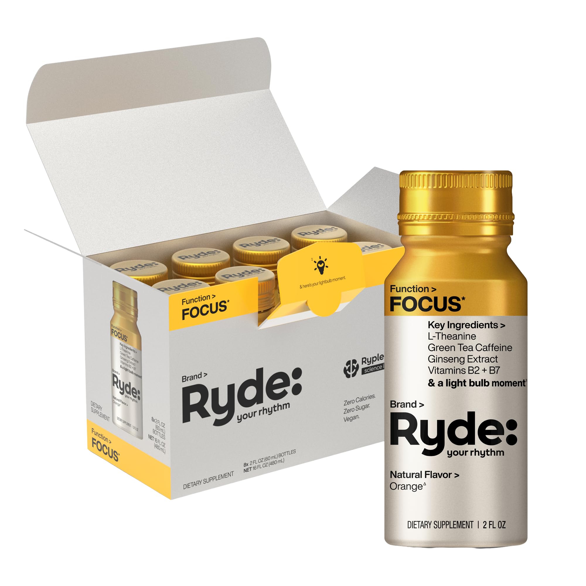 Ryde: Focus Shot | Orange Flavor | L-Theanine & Ginseng | Green Tea Caffeine | Vitamins B2 & B7 | 0 Calories, 0 Sugar | 2 FL OZ Shots | Supports Focus