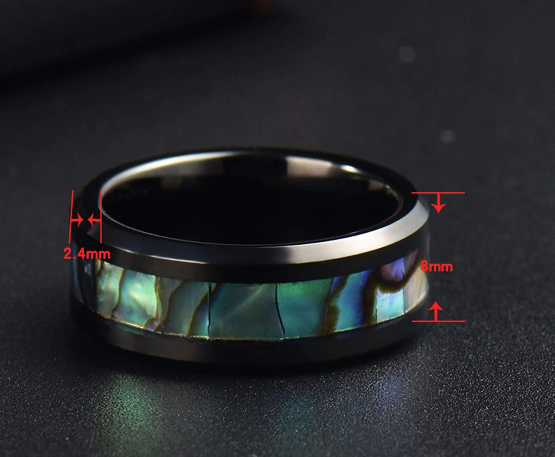 Anelli Uomo Tungsteno Anello Conchiglia Abalone Intarsiata Anello Fidanzamento Personalizzato 8MM Anello Promessa Nero Misura 12-31