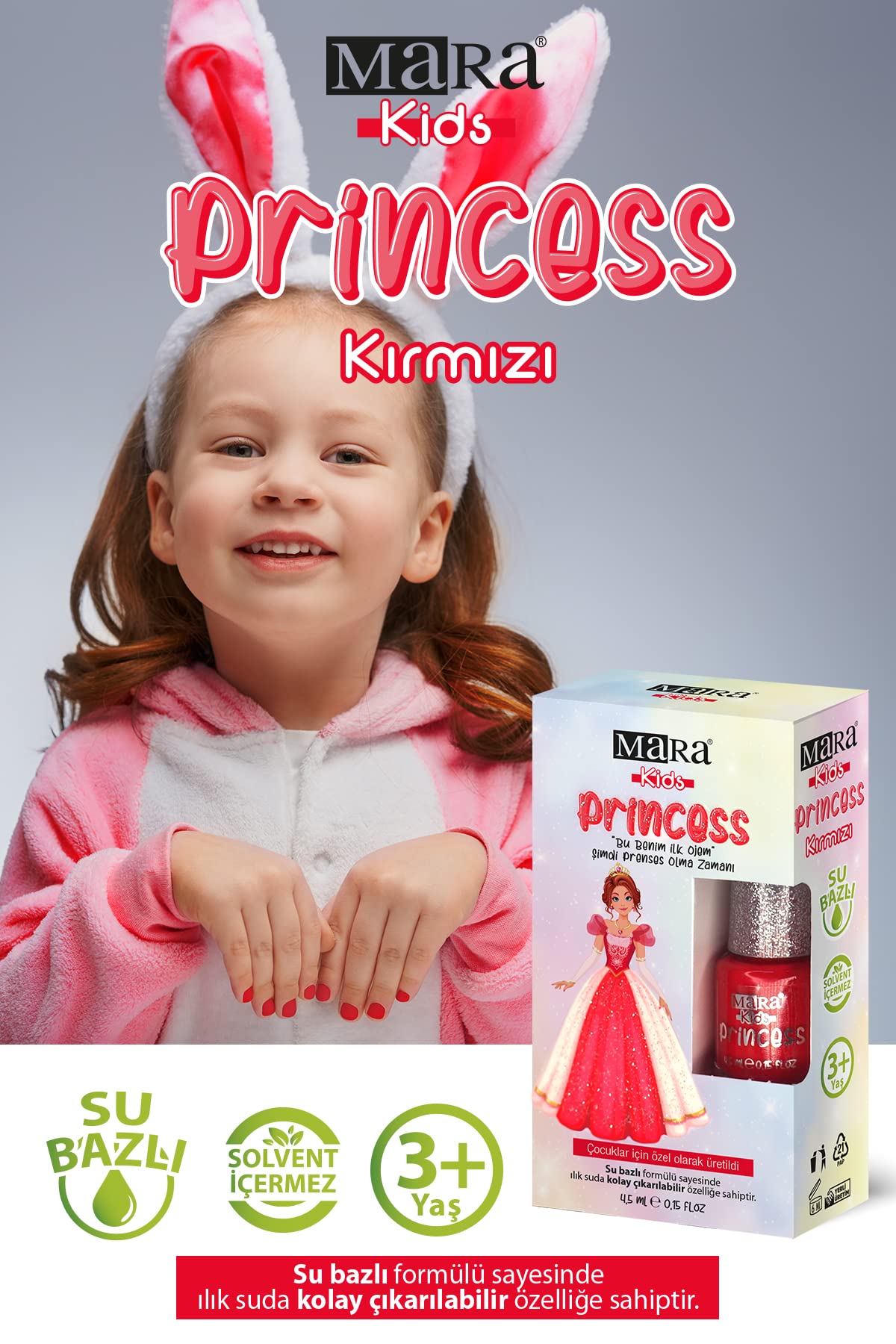MARA KOZMETİK Princess Yıkanabilir Su Bazlı Çocuk Ojesi - Kırmızı (Törpü Hediyeli)