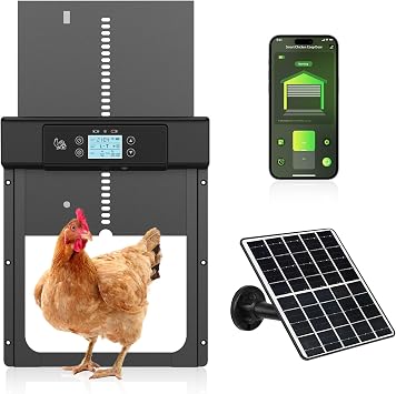 Automatic Chicken Coop Door Solar Powered, Aluminum Alloy Duck Door with LED Display, Timer & Light Sensor, 4 Modes Combo, Smart APP Remote Control Intelligent Pinch Protection - Black