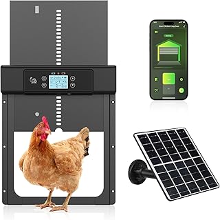 Automatic Chicken Coop Door Solar Powered, Aluminum Alloy Duck Door with LED Display, Timer & Light Sensor, 4 Modes Combo, Smart APP Remote Control Intelligent Pinch Protection - Black