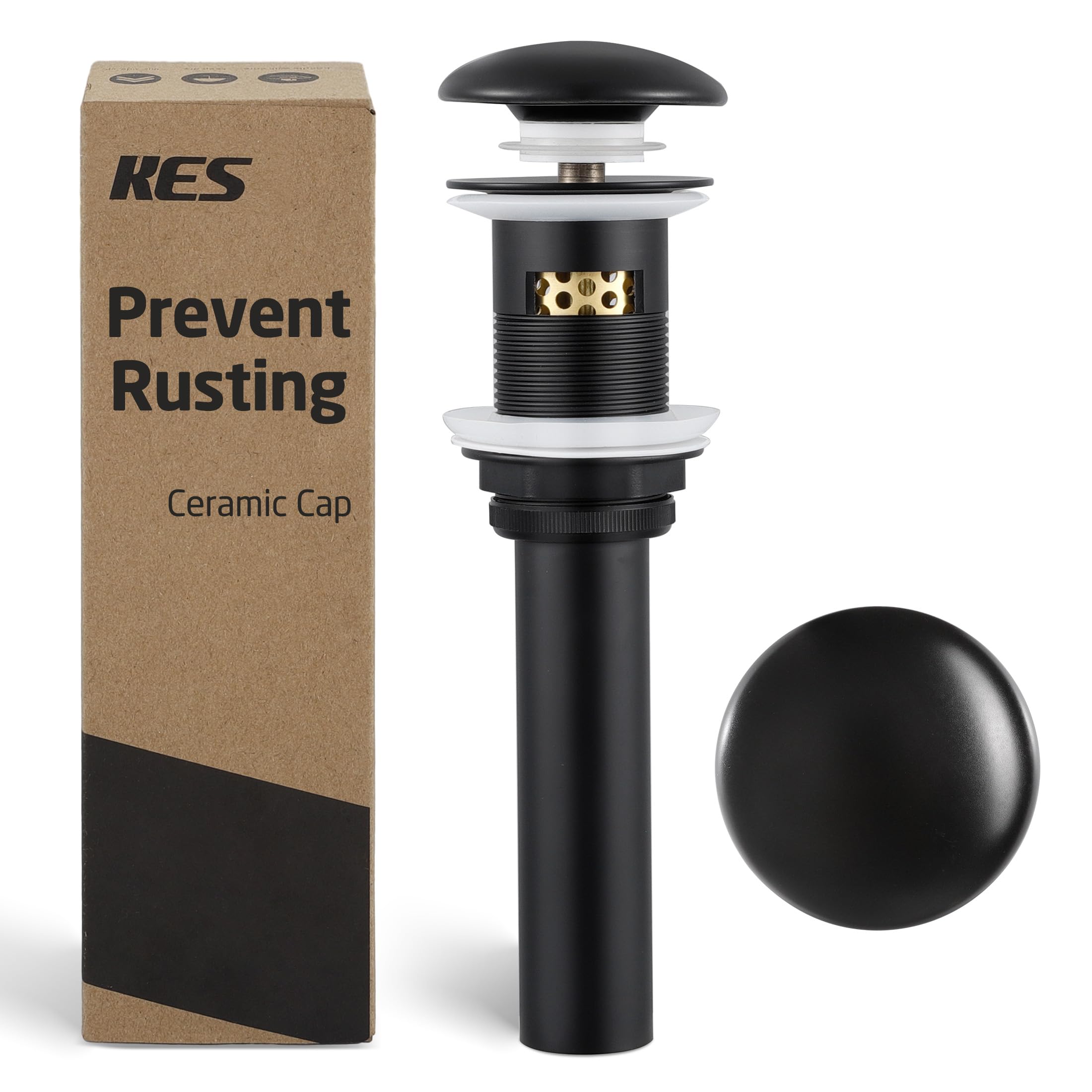 Ceramic Cap Sink Drain Strainer with Overflow, KES Black Bathroom Solid Sink Drain Stopper Pop Up Drains with Strainer Basket Ceramic Cap All-Metal Body Matte Black, S2018A-CB