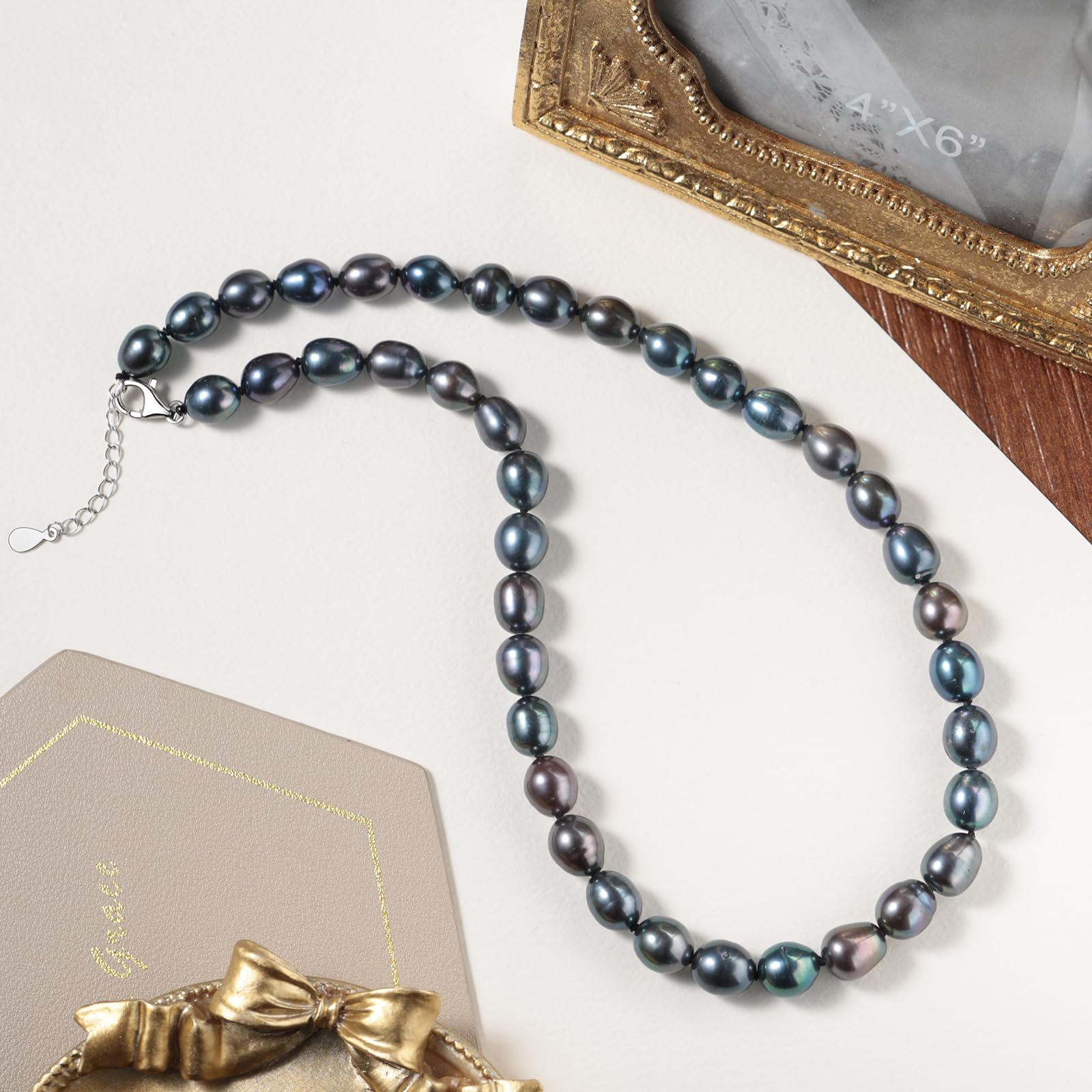 YAMI Collar de perlas negras, perlas cultivadas, plata de ley 925 y chapado en oro blanco, cadena ajustable de 45 cm+5 cm, regalo de joyería para mujeres