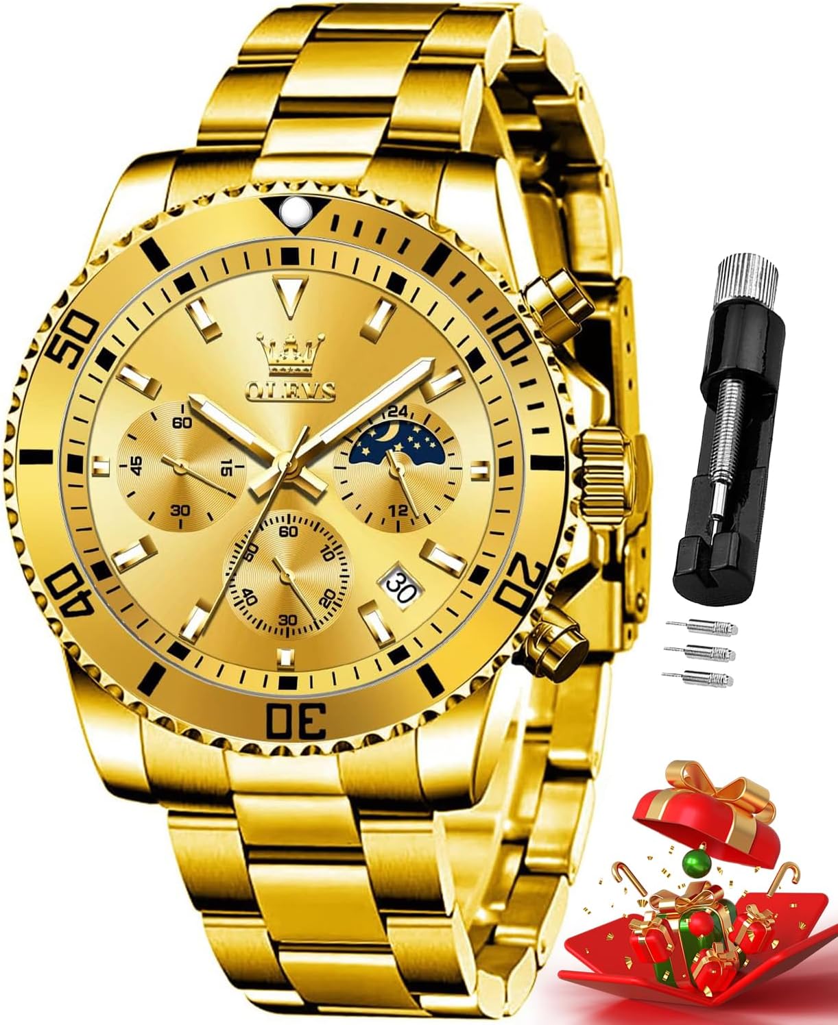 OLEVS Watches for Men Classic with Date Business Dress Luxury Big Face Green/Black/Blue Waterproof Luminous Mens Wristwatch Analog Two Tone Stainless Steel Male Watch