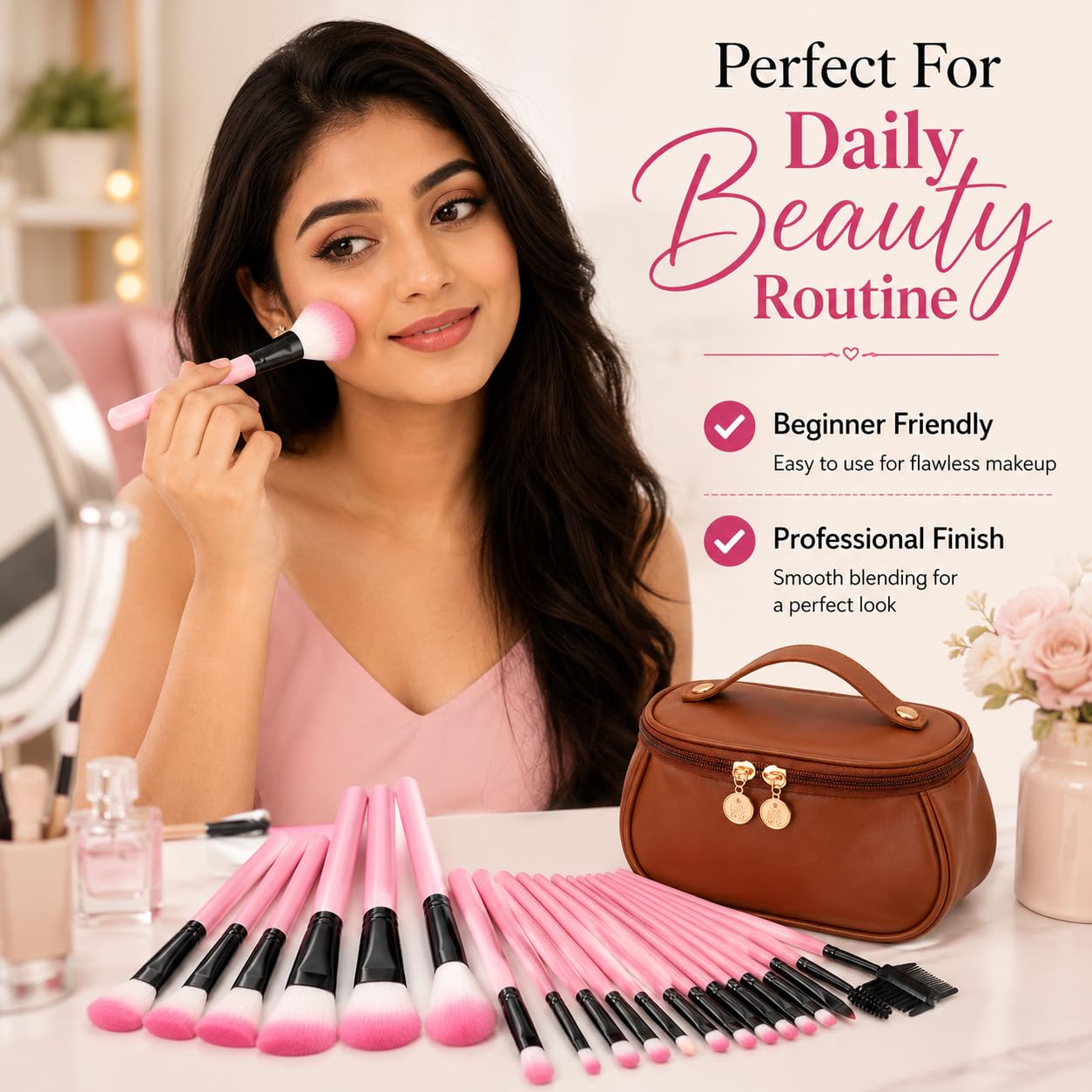 Set di 24 pennelli da trucco professionali con custodia da viaggio in pelle PU di alta qualità, morbide setole vegane, kit di pennelli per trucco viso e occhi, per donne e ragazze, borsa compatta