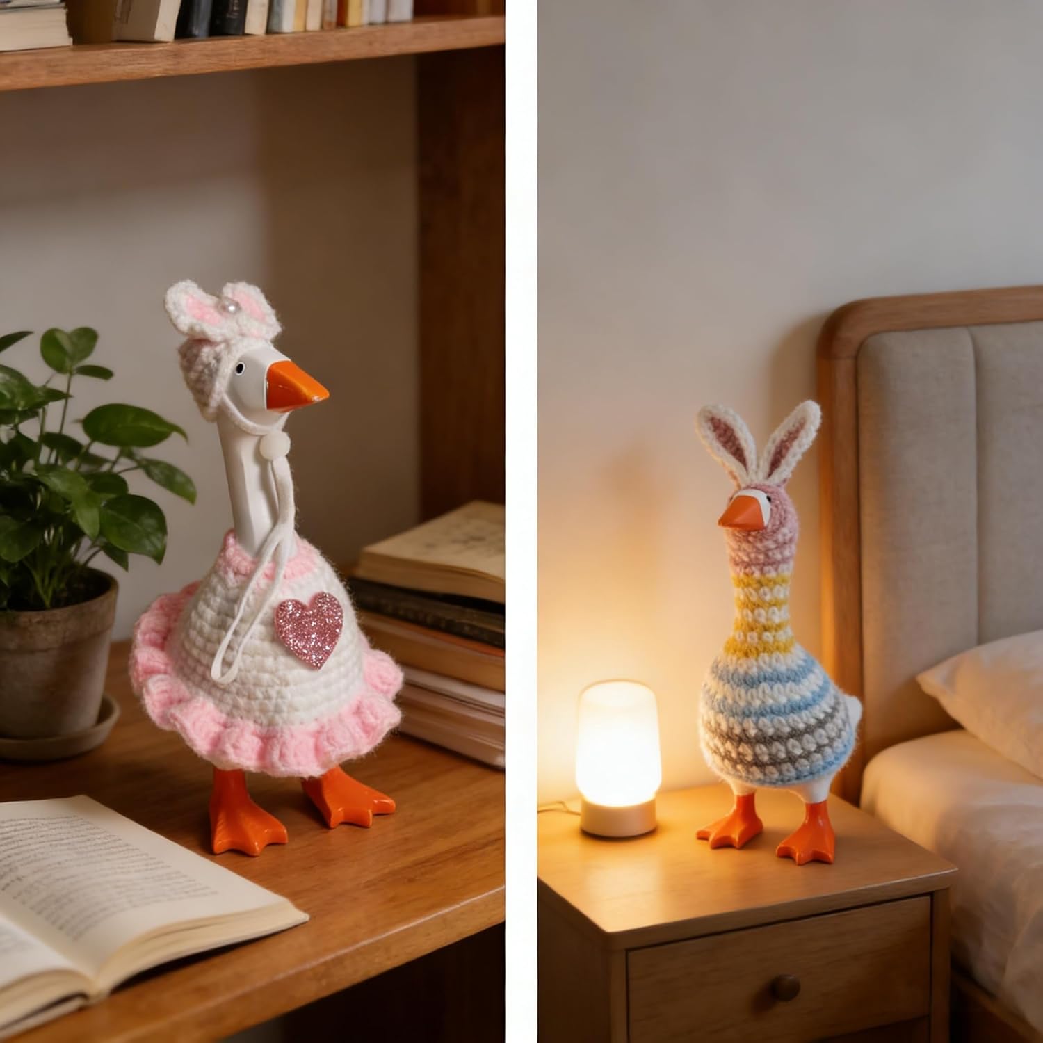 7 Inch Desk Goose Outfits, 2 Pack Easter Rainbow Bunny Desk Geese Costumes, Festive Knitted Desktop Magnetic Goose Statue Clothes Mini Desk Goose Accessories for Spring Holiday Home Office Table Decor