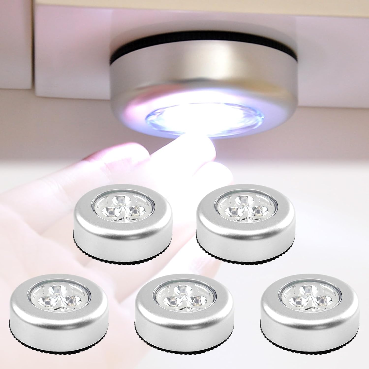1 PCS 3 Beads Tap Push Light, Under Cabinet Lights Touch Button Puck Stick On for Closet Counter Kitchen Cabinet RV(Blister Packs)