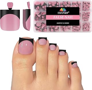 300PCS Black French Tip Press on Toenails for Women, EBANKU Sharp Square Toenail Press ons, Acrylic Toe Nail Tips with Pre-Applied Primer & Base Coat, Soft Gel False Toe Nails Extension, 15 Sizes