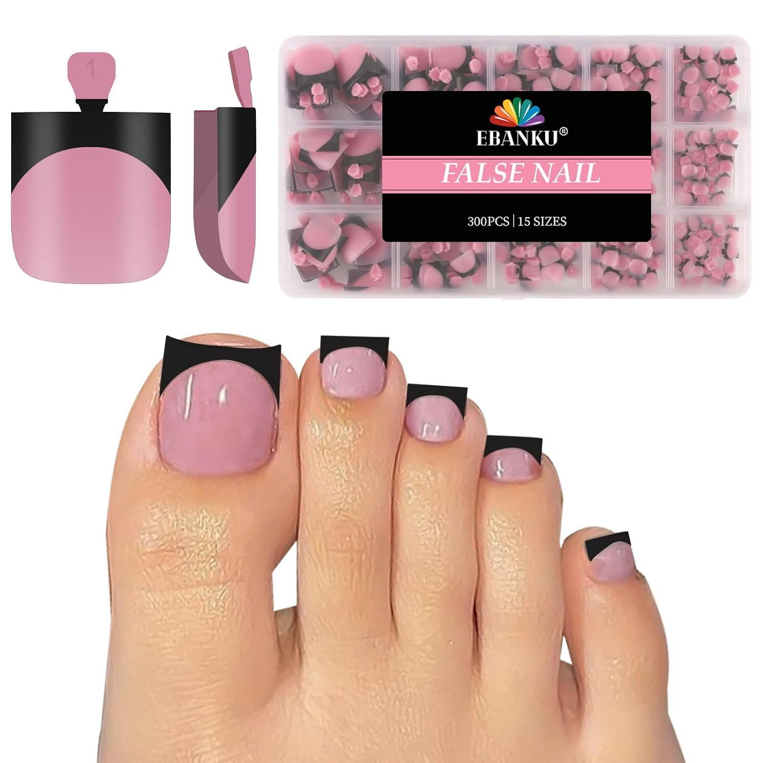 300PCS Black French Tip Press on Toenails for Women, EBANKU Sharp Square Toenail Press ons, Acrylic Toe Nail Tips with Pre-Applied Primer & Base Coat, Soft Gel False Toe Nails Extension, 15 Sizes
