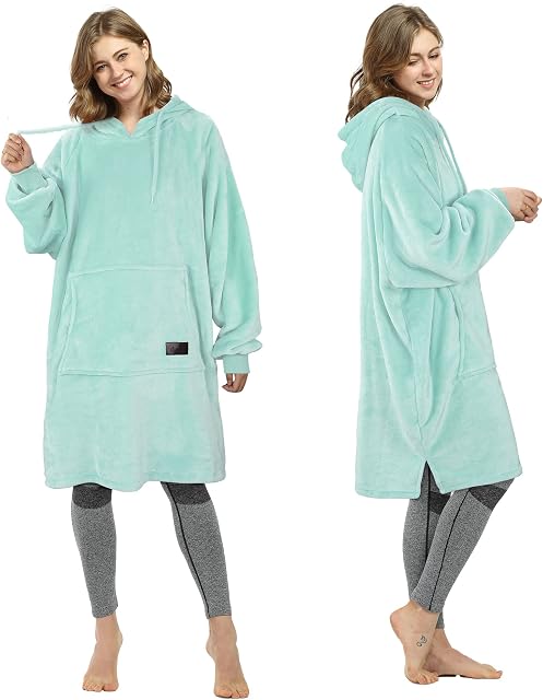 Catalonia Classy Fleece Hoodie Blanket,Super Soft Warm Wearable Blanket, Giant Pullover Hoody with Large Front Pocket for Adults Men Women Aqua
