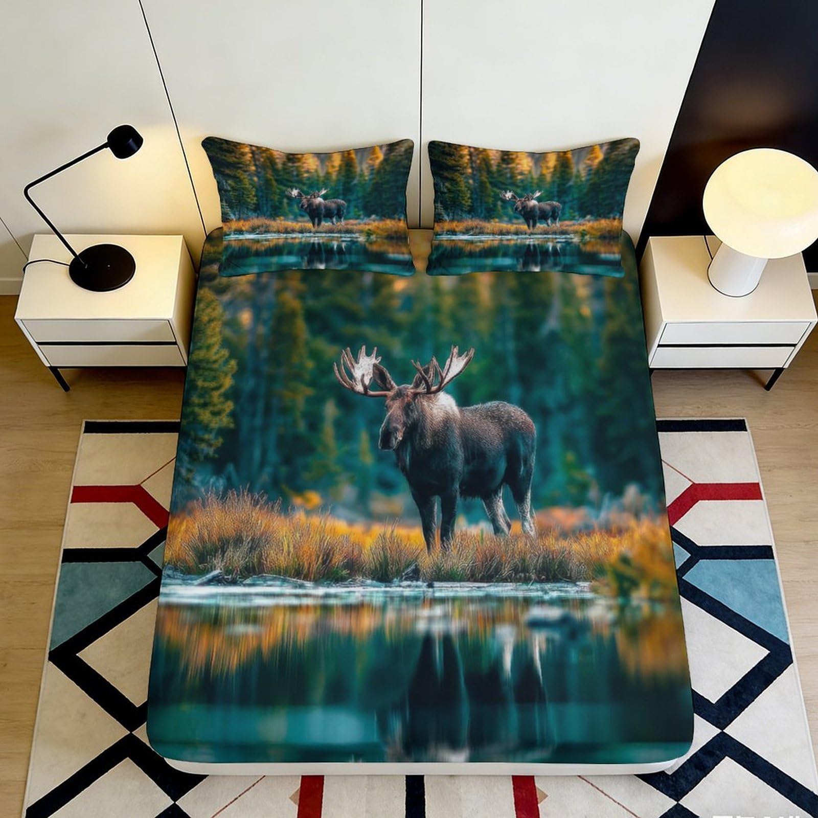 Kzqjxnhpcr Style-4 3D Printed Moose Scenery Fitted Sheet Microfiber Deep Pocket Non-Slip Bedroom Bedding Moose Pattern Mattress Fitted Cover Home Washable 90X200x25cm 90X200x25cm