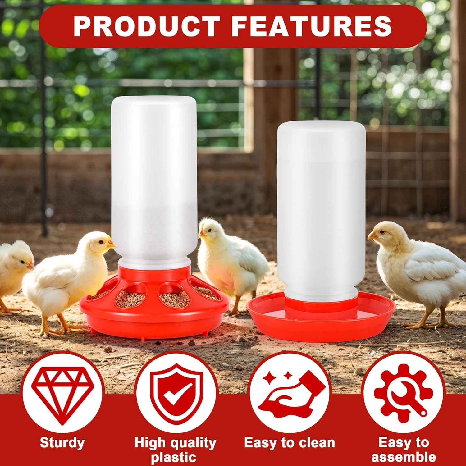 5pcs1kg Hühner Futterautomat und 1 L Hühnertränke im Set,Geflügel Futterautomat und Tränke im Set mit Hühner-Sitzstange, Für kleines Geflügel wie Wachteln, Tauben, Gänsen sowie deren Daunen usw.